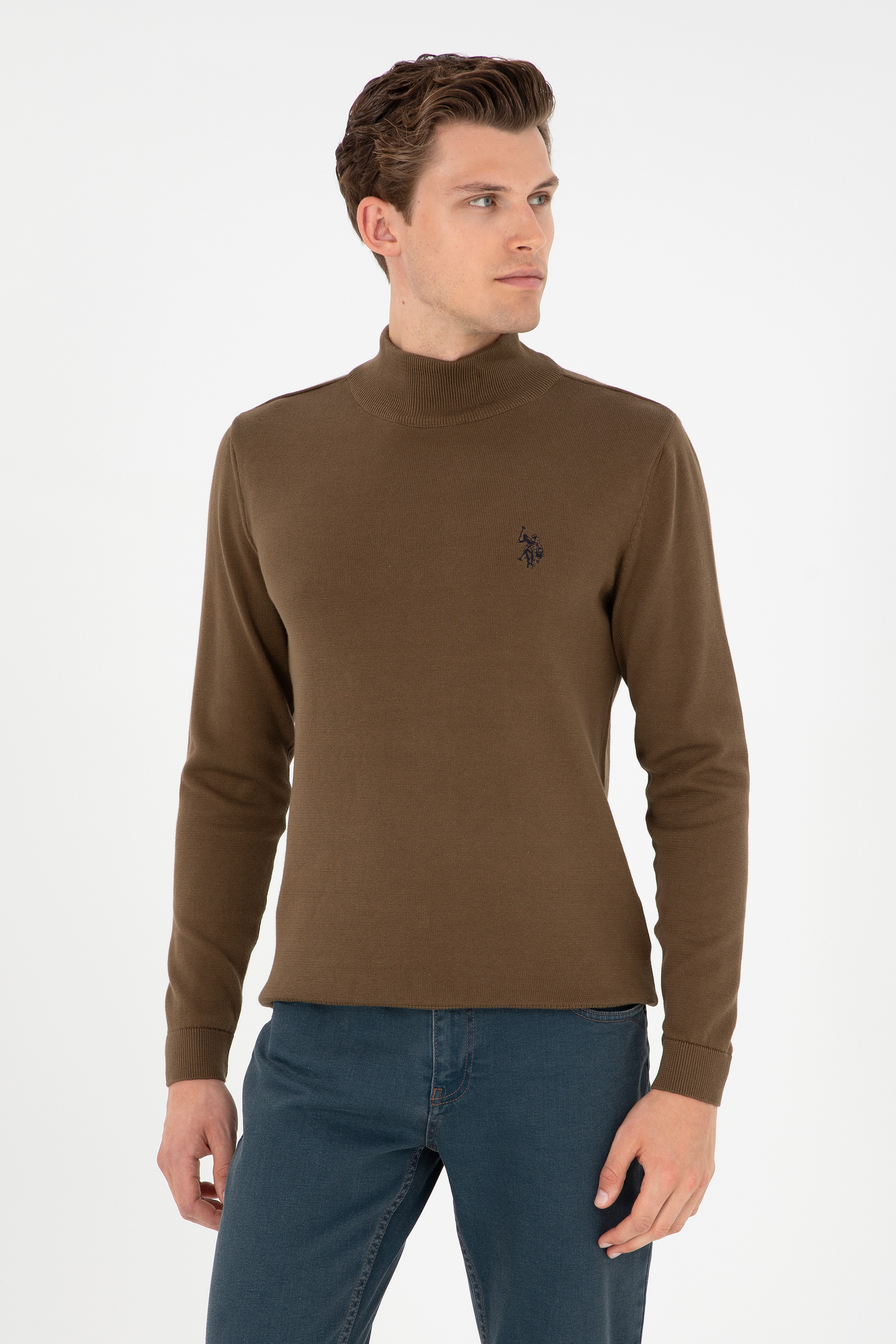 Erkek Slim Fit Yarım Boğazlı Haki Basic Kazak - Image 1