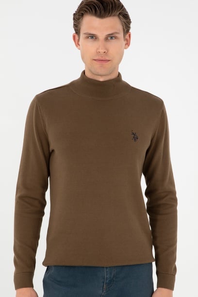 Erkek Slim Fit Yarım Boğazlı Haki Basic Kazak