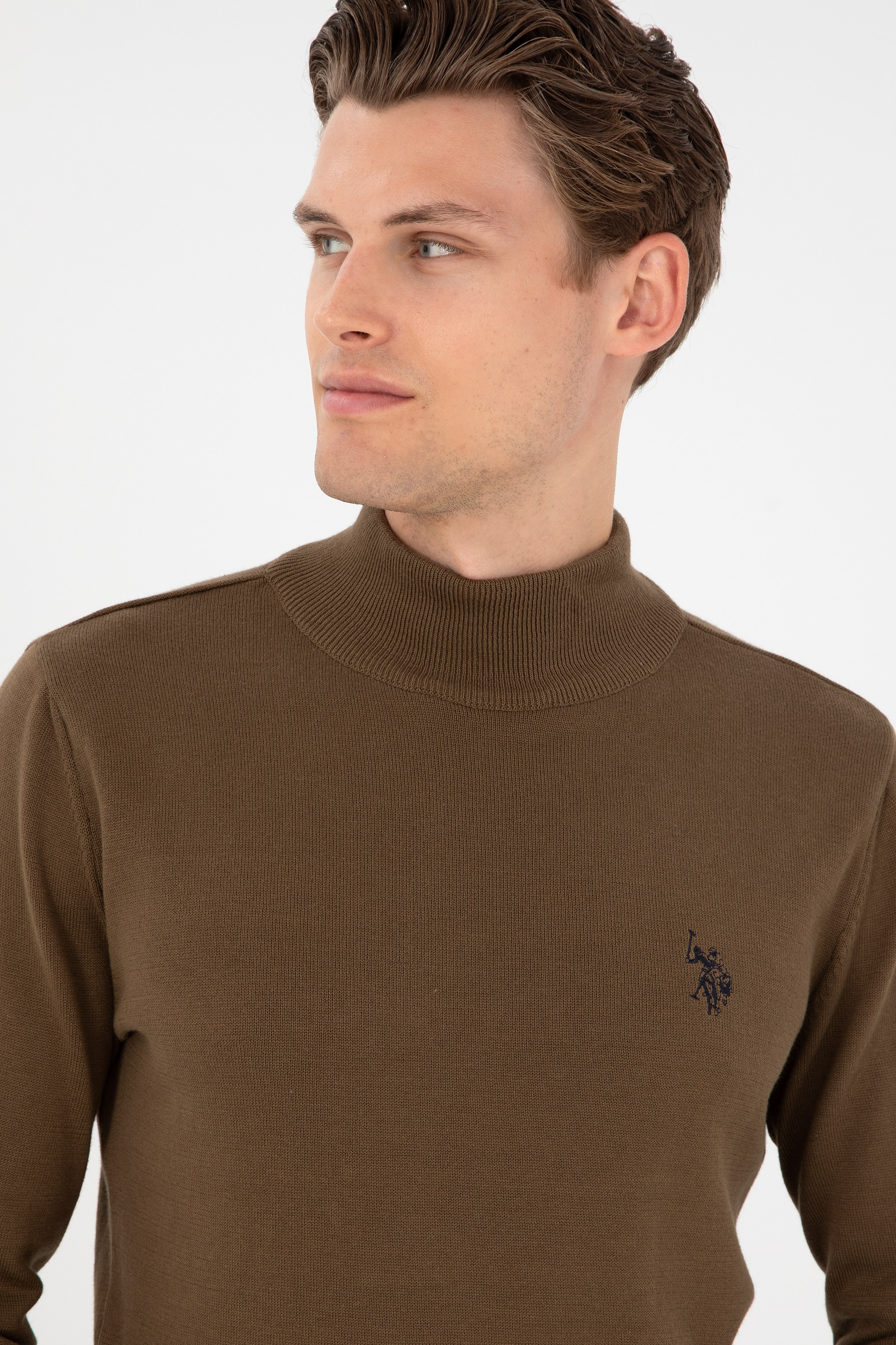 Erkek Slim Fit Yarım Boğazlı Haki Basic Kazak - Image 2