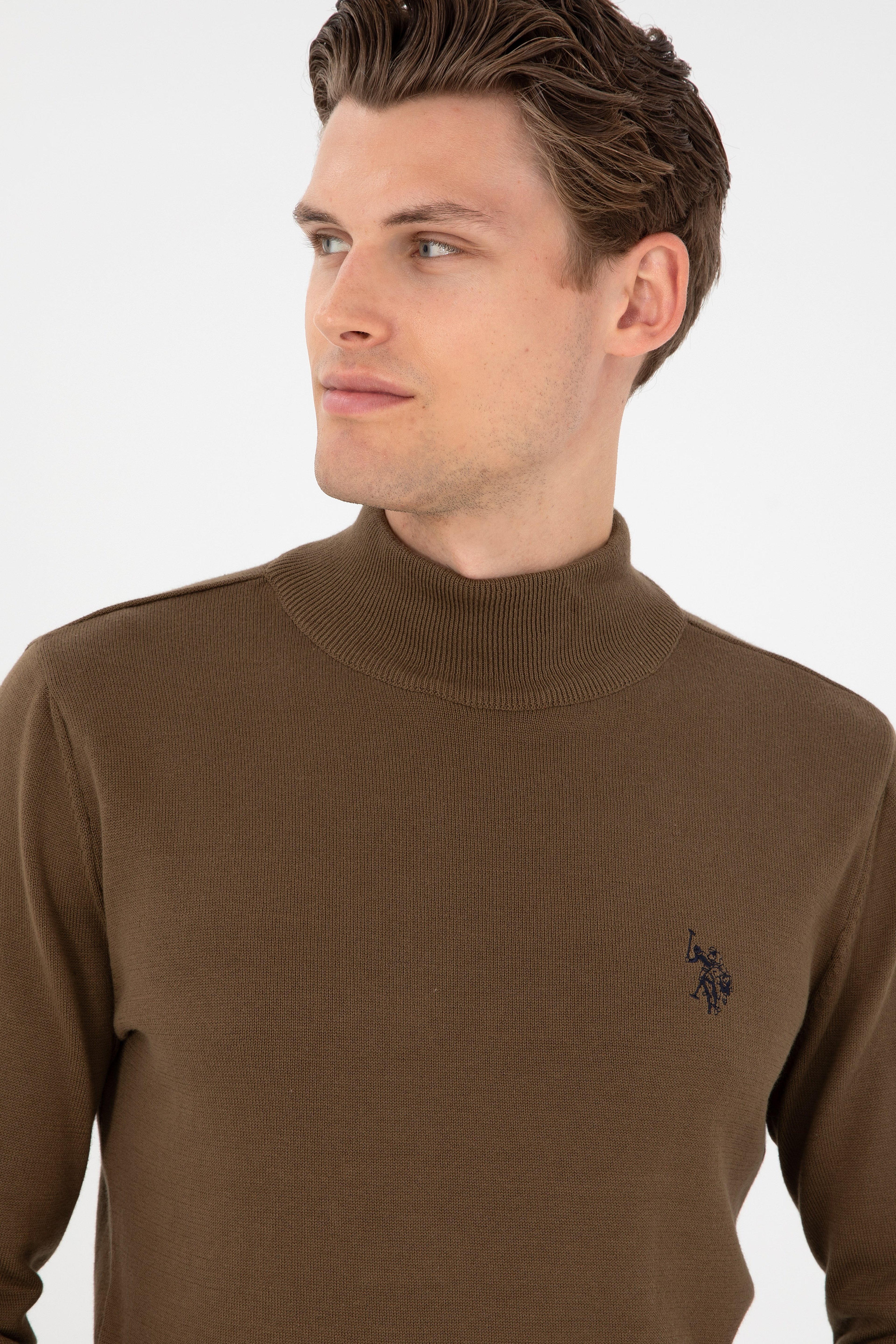 Erkek Slim Fit Yarım Boğazlı Haki Basic Kazak