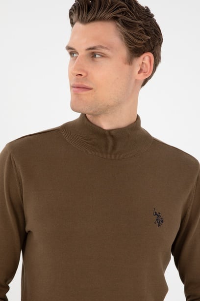 Erkek Slim Fit Yarım Boğazlı Haki Basic Kazak