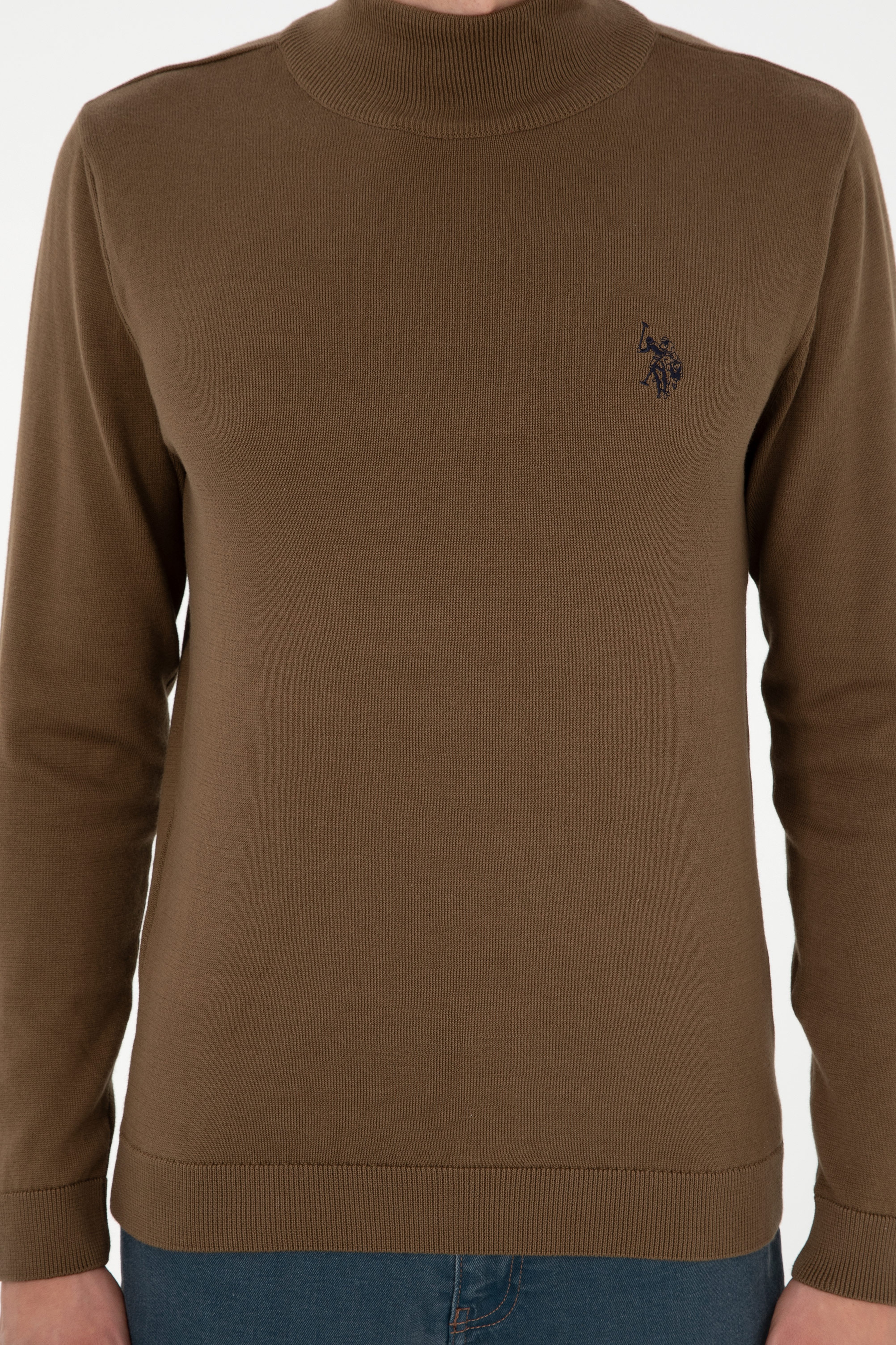 Erkek Slim Fit Yarım Boğazlı Haki Basic Kazak