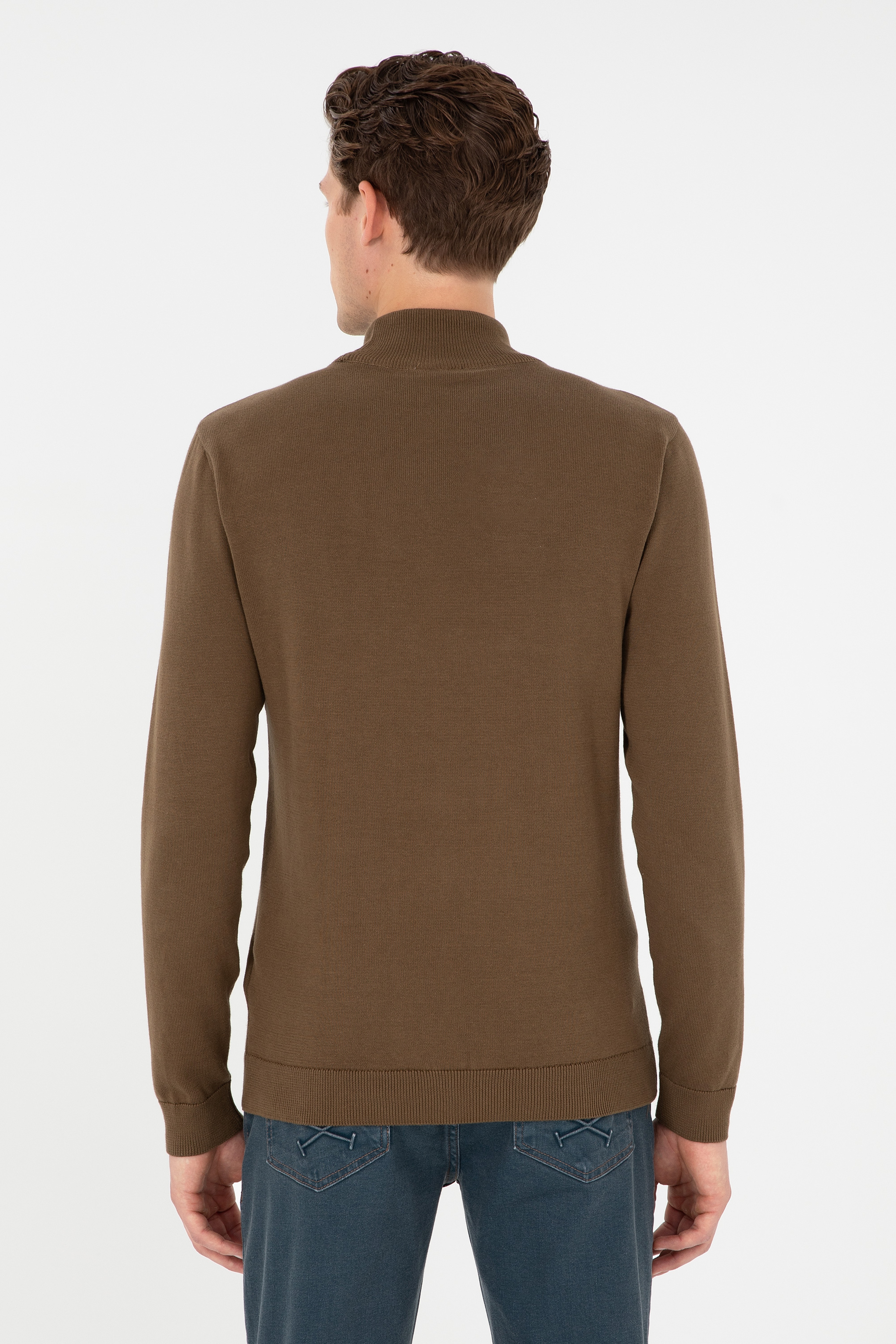 Erkek Slim Fit Yarım Boğazlı Haki Basic Kazak
