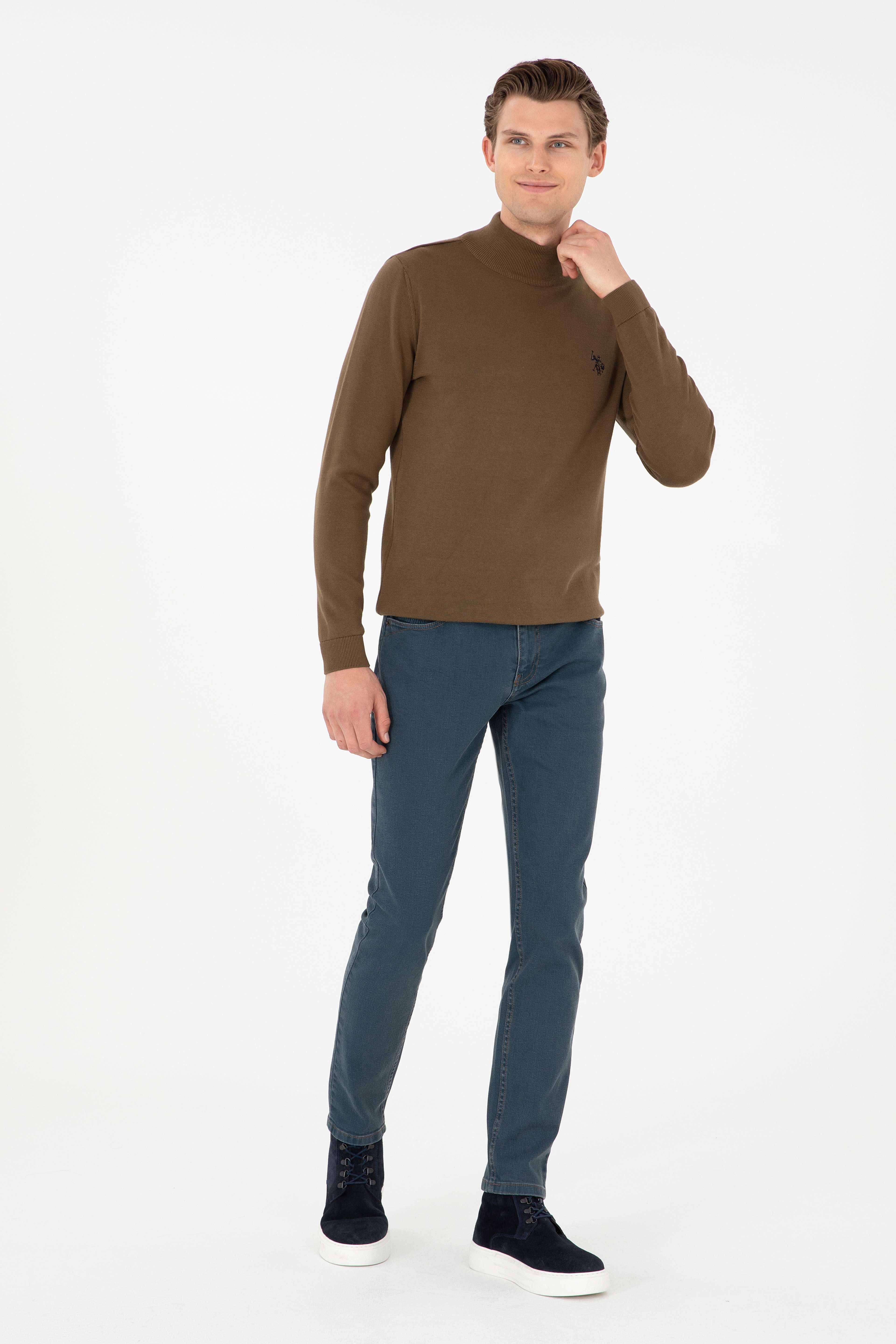 Erkek Slim Fit Yarım Boğazlı Haki Basic Kazak