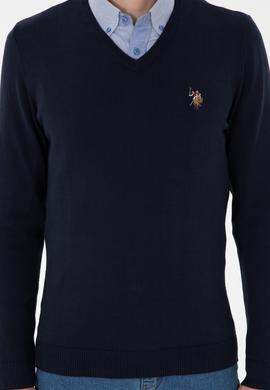 Erkek Slim Fit V Yaka Lacivert Basic Kazak - 50288885059