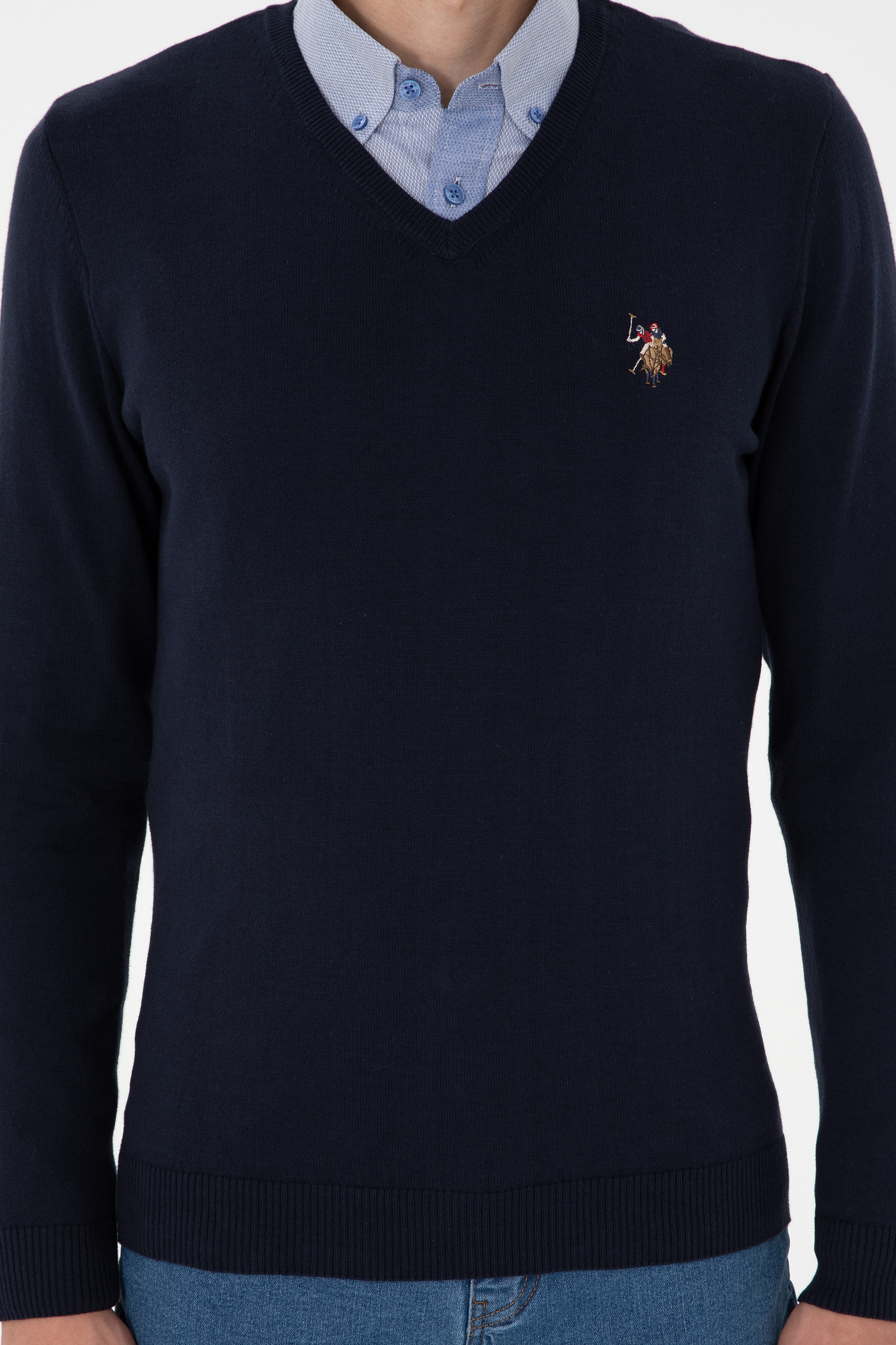 Erkek Slim Fit V Yaka Lacivert Basic Kazak - Image 6