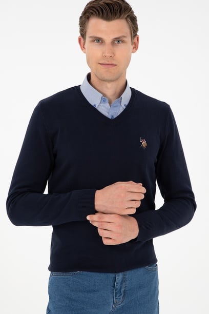 Erkek Slim Fit V Yaka Lacivert Basic Kazak