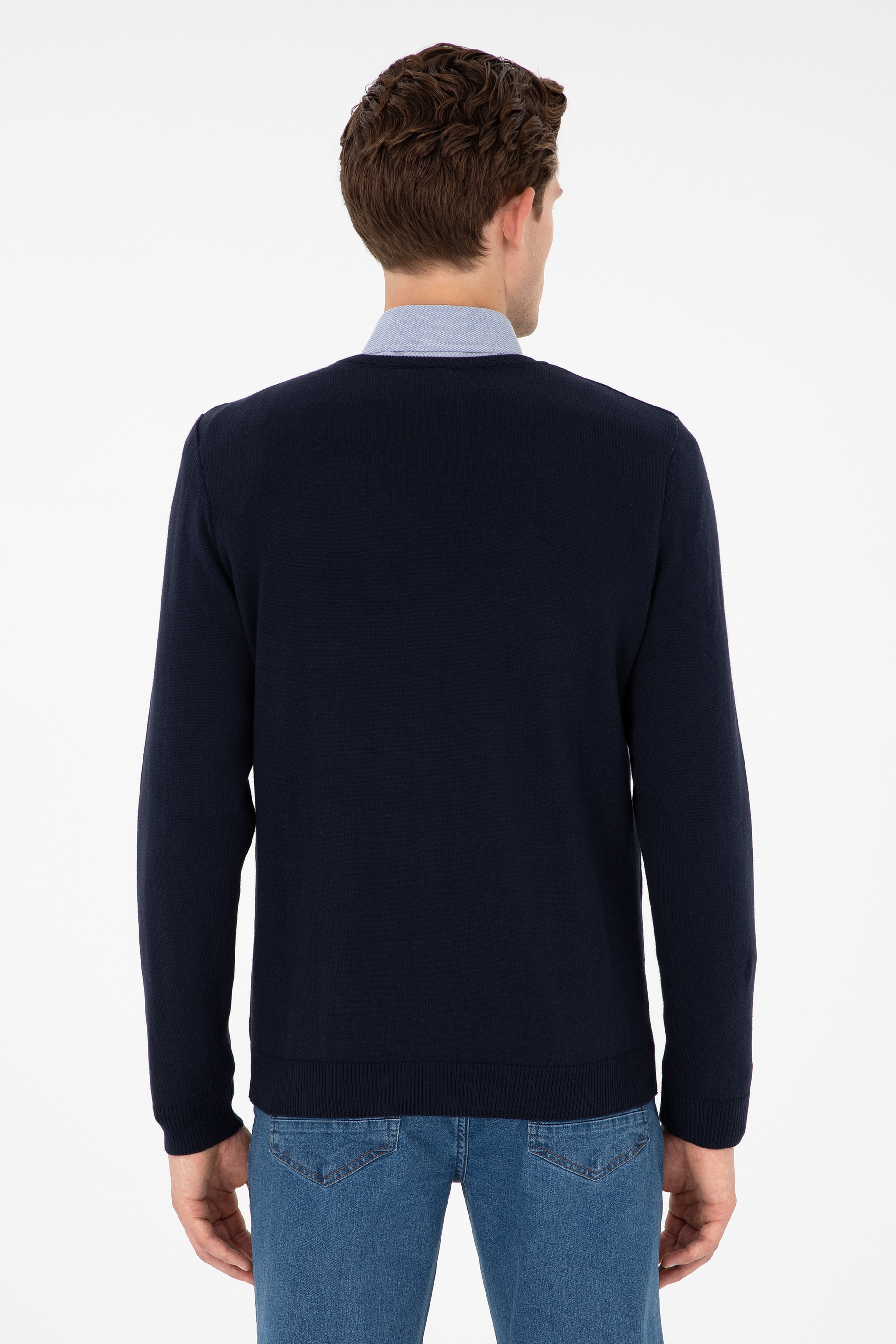 Erkek Slim Fit V Yaka Lacivert Basic Kazak - Image 5