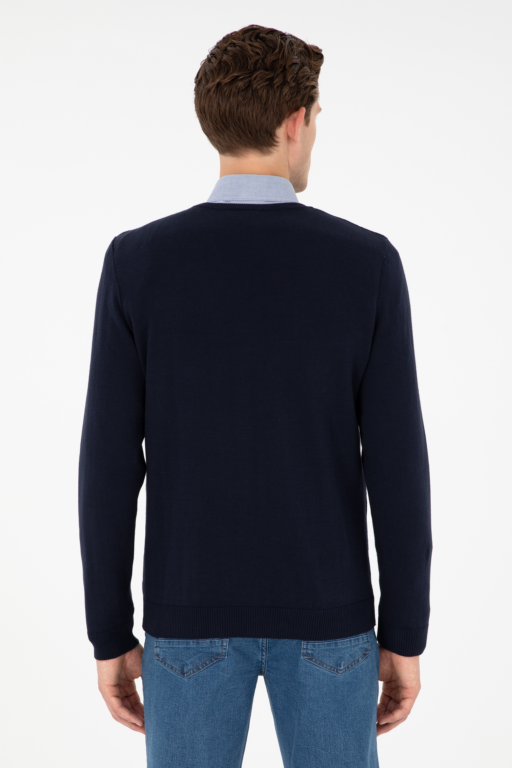 Erkek Slim Fit V Yaka Lacivert Basic Kazak