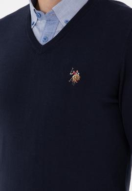 Erkek Slim Fit V Yaka Lacivert Basic Kazak - 50288885059