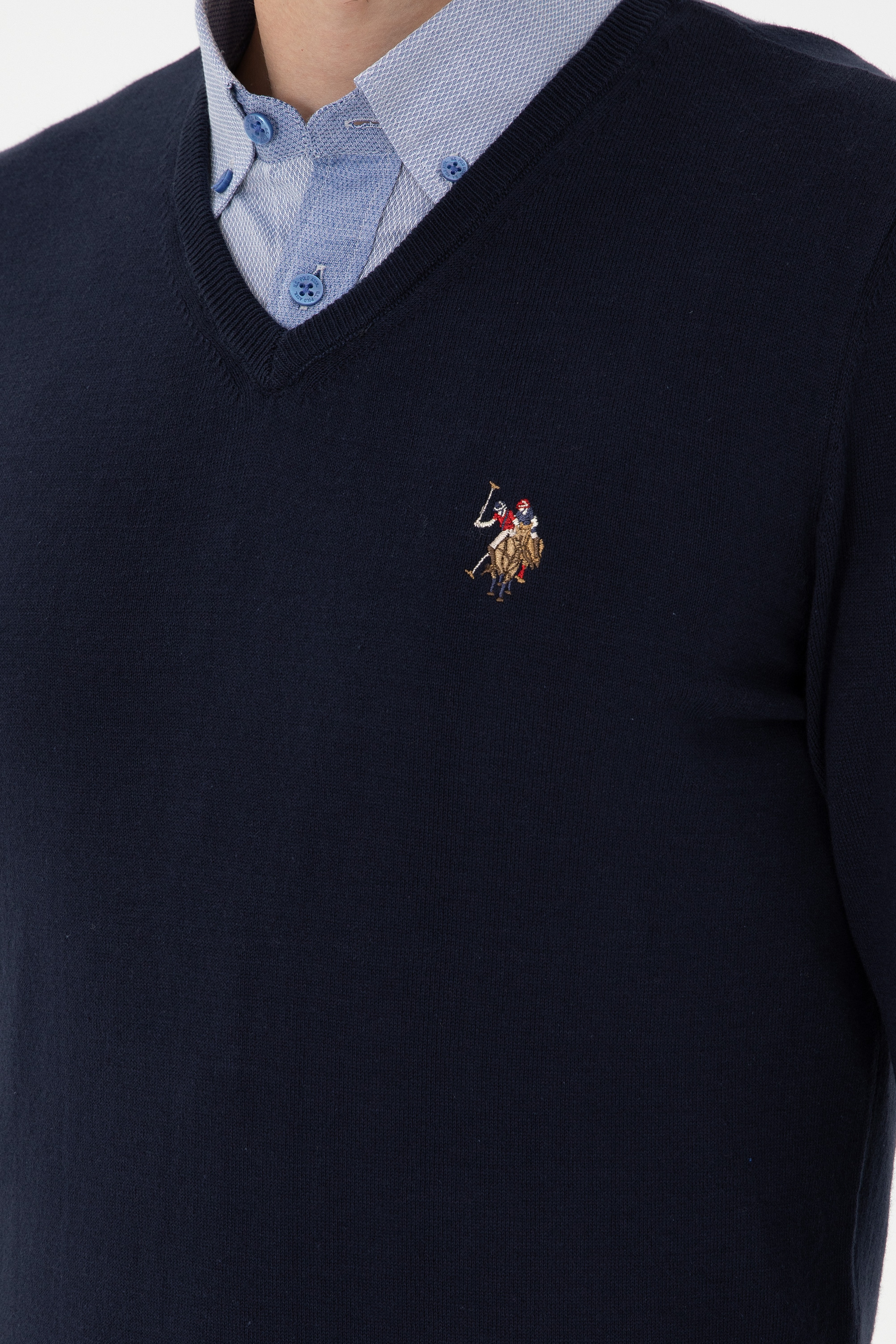 Erkek Slim Fit V Yaka Lacivert Basic Kazak - Image 7