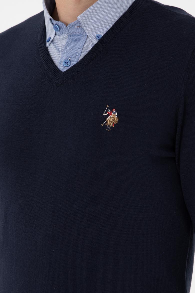 Erkek Slim Fit V Yaka Lacivert Basic Kazak - 50288885059