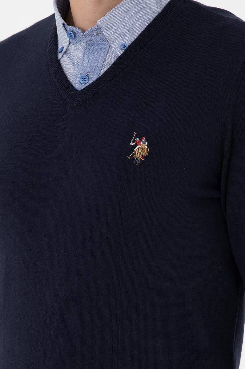 Erkek Slim Fit V Yaka Lacivert Basic Kazak