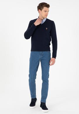 Erkek Slim Fit V Yaka Lacivert Basic Kazak - 50288885059