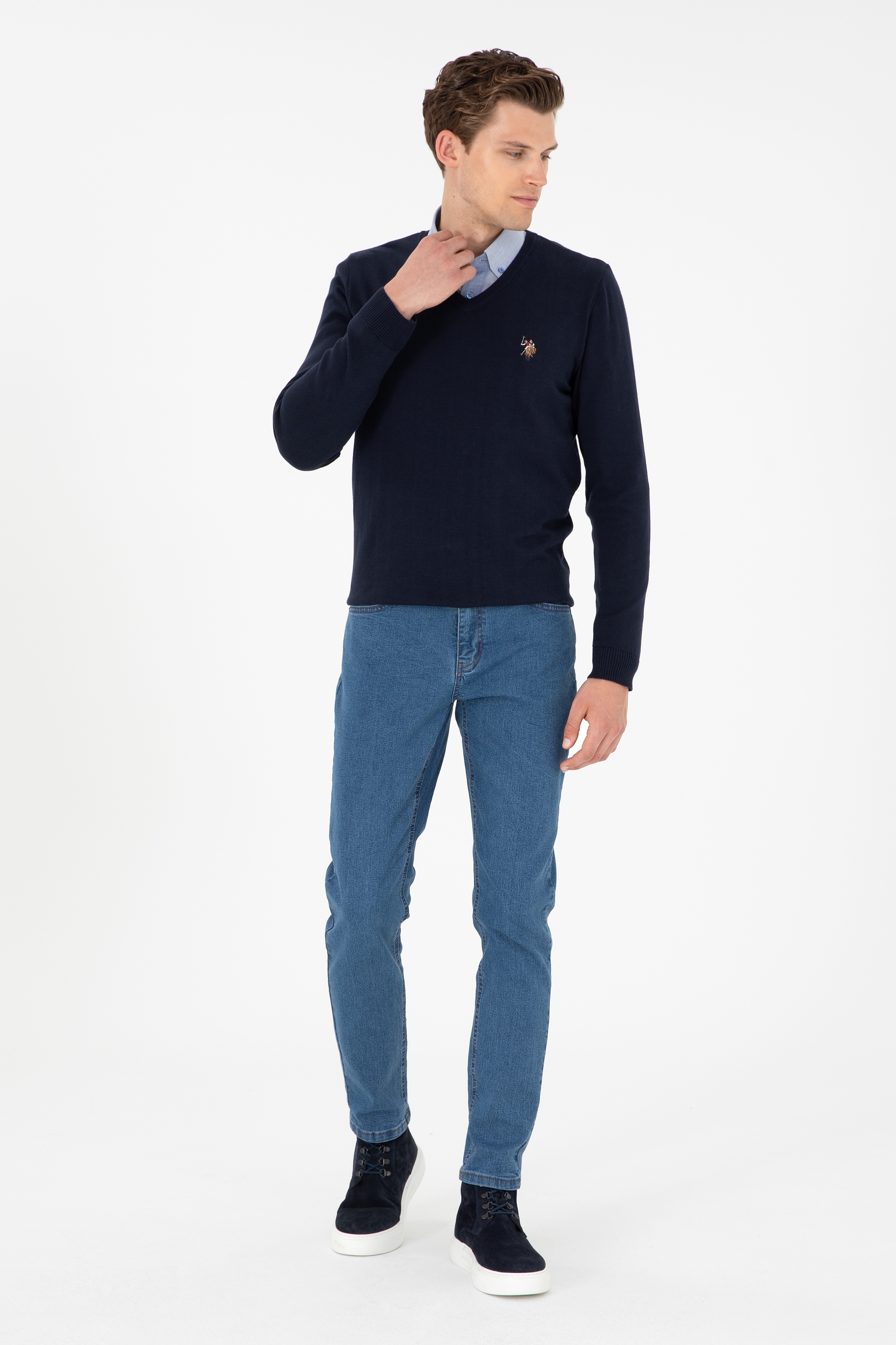 Erkek Slim Fit V Yaka Lacivert Basic Kazak - Image 4