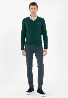 Erkek Slim Fit V Yaka Yeşil Basic Kazak - 50288885114