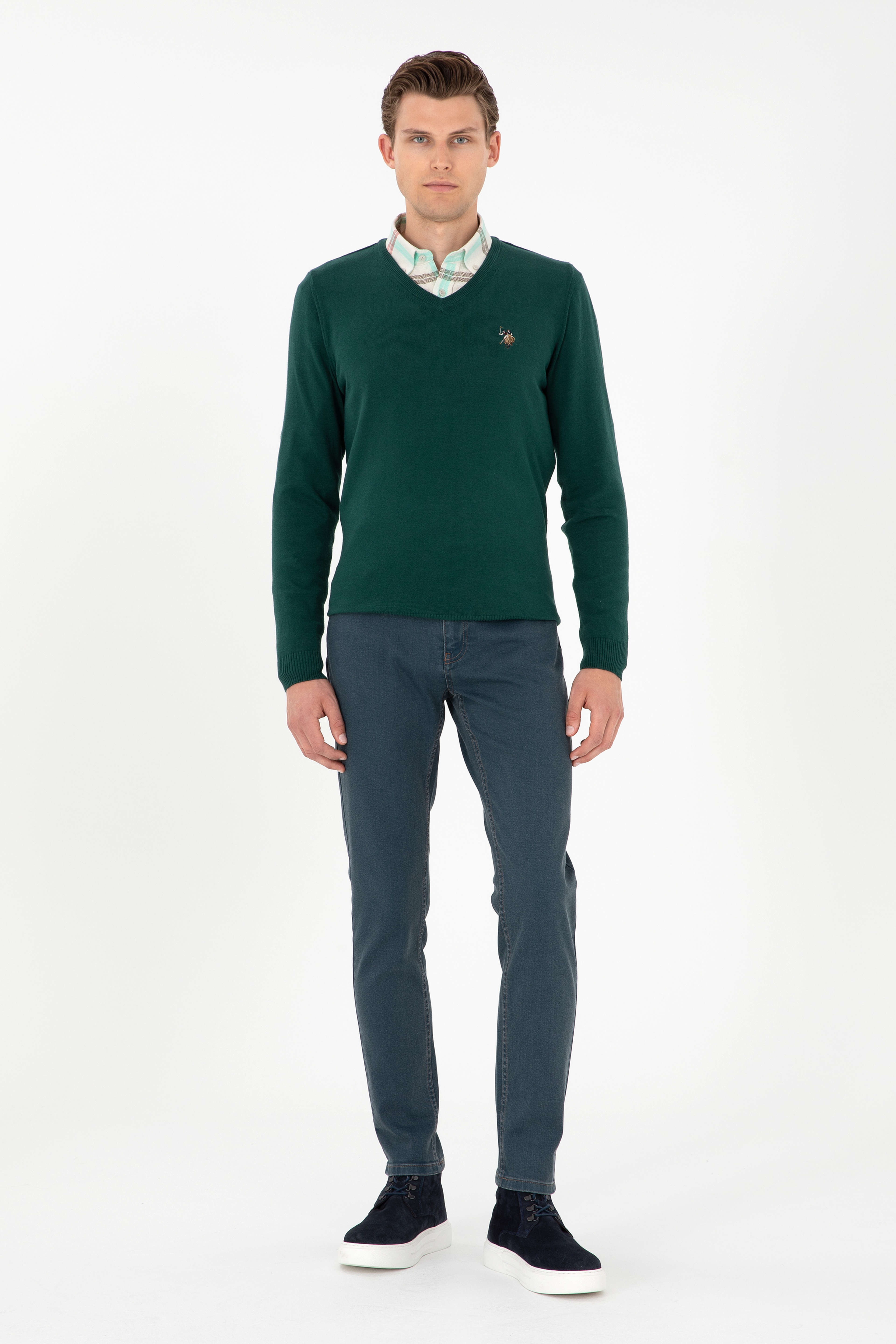 Erkek Slim Fit V Yaka Yeşil Basic Kazak