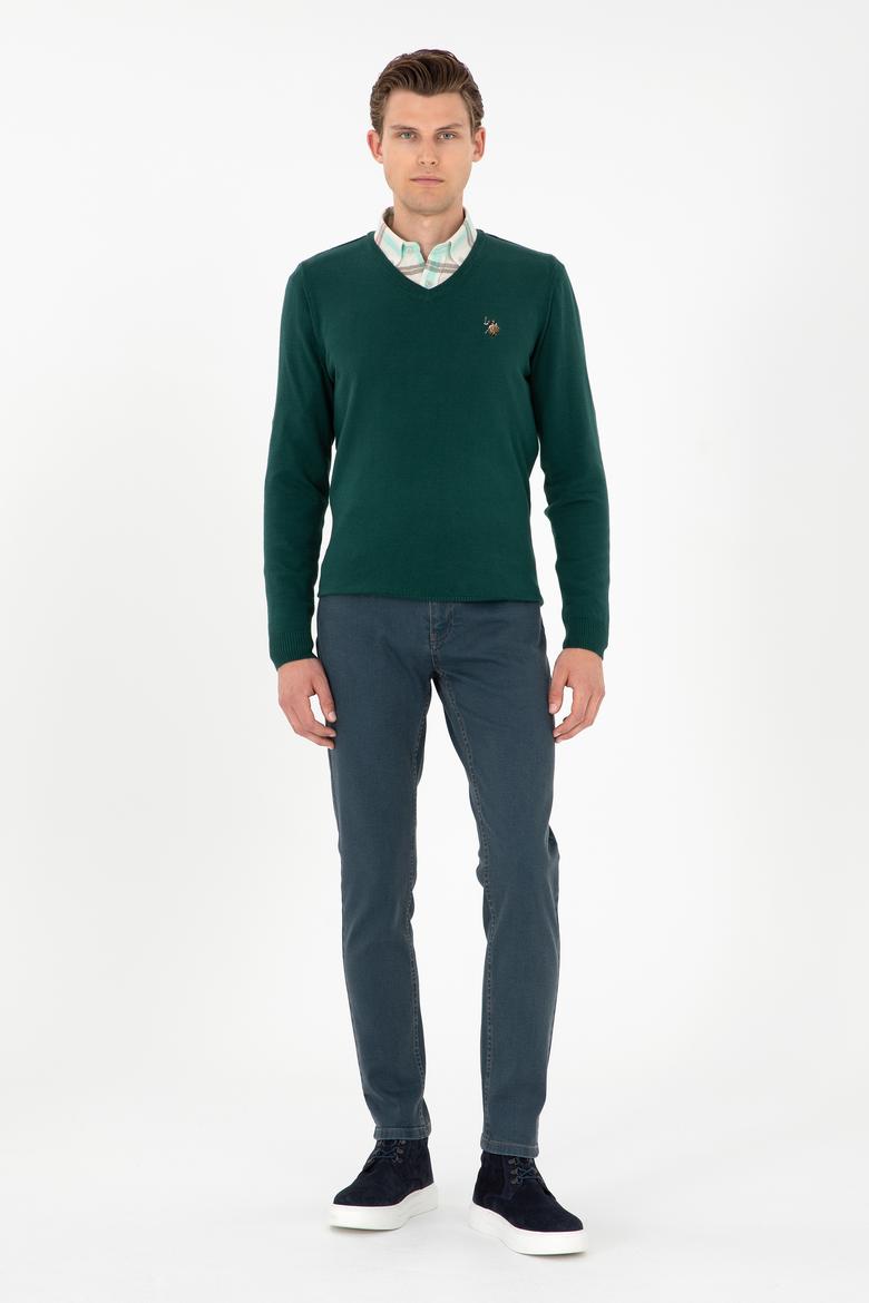 Erkek Slim Fit V Yaka Yeşil Basic Kazak - 50288885114