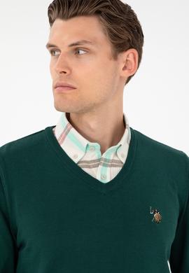 Erkek Slim Fit V Yaka Yeşil Basic Kazak - 50288885114