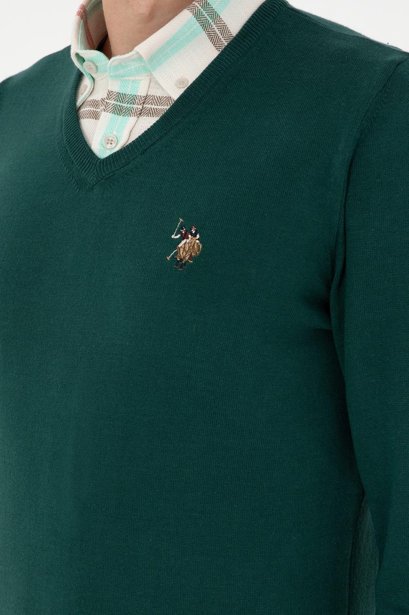 Erkek Slim Fit V Yaka Yeşil Basic Kazak