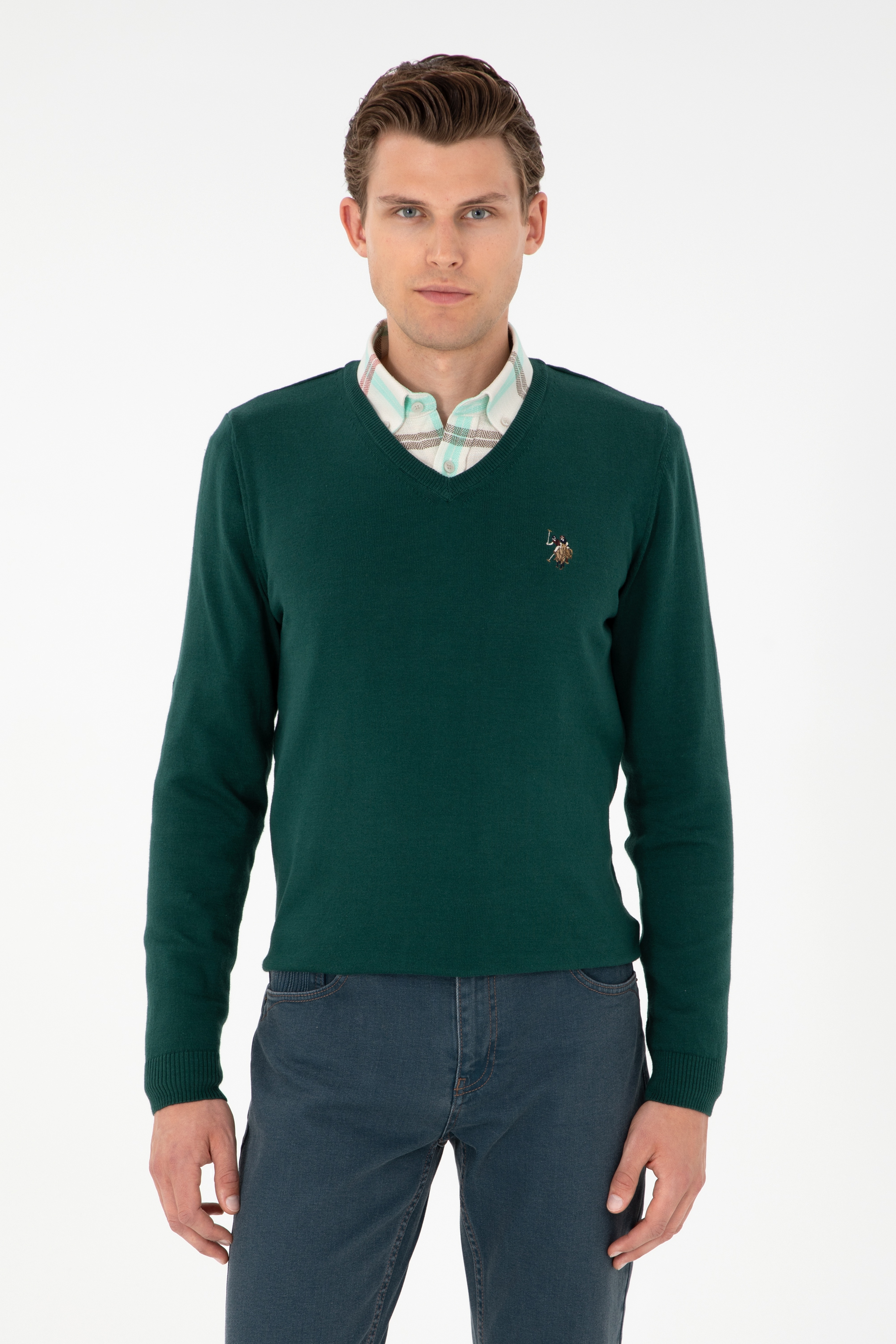 Erkek Slim Fit V Yaka Yeşil Basic Kazak - Image 1