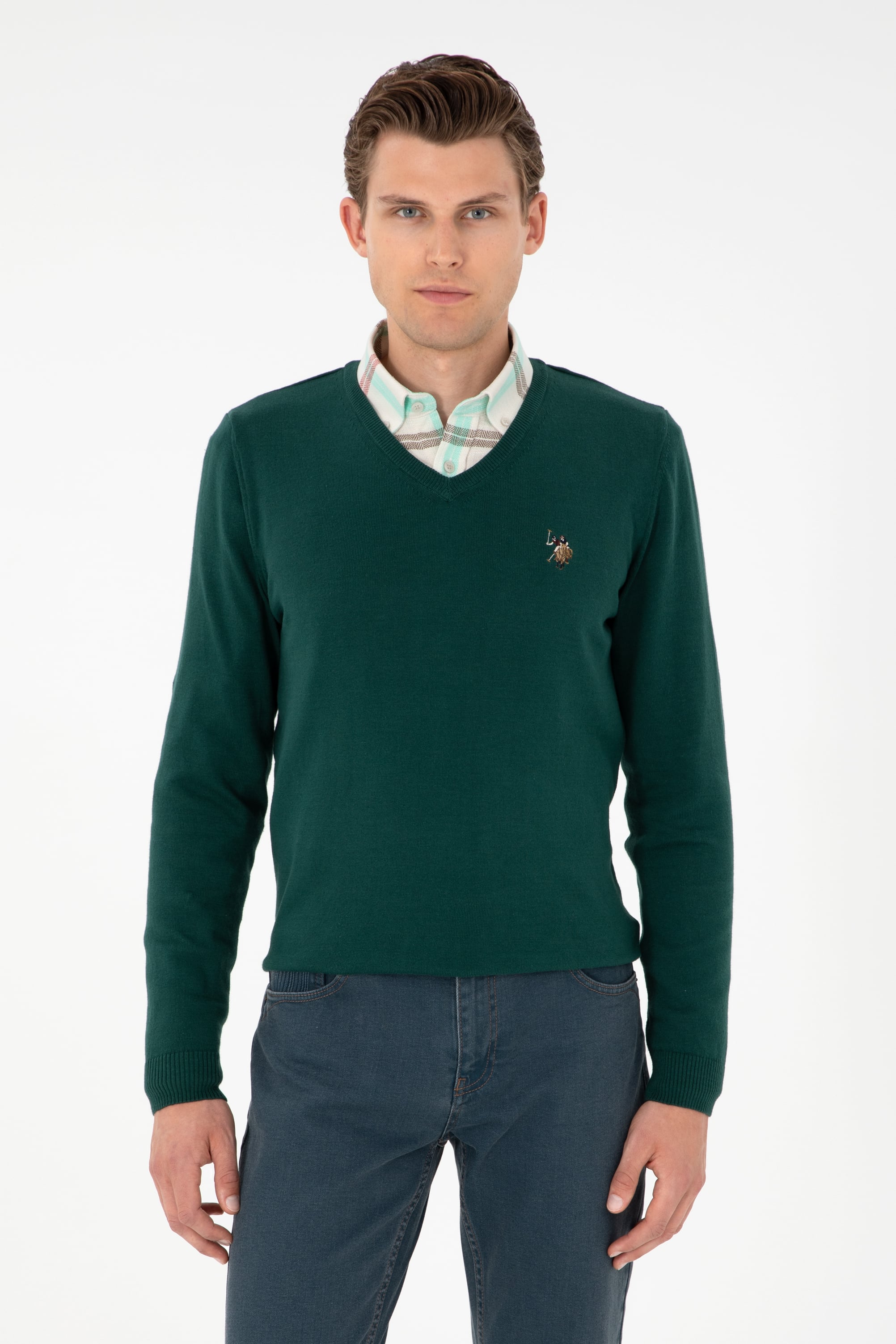 Erkek Slim Fit V Yaka Yeşil Basic Kazak