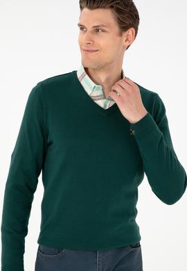 Erkek Slim Fit V Yaka Yeşil Basic Kazak - 50288885114