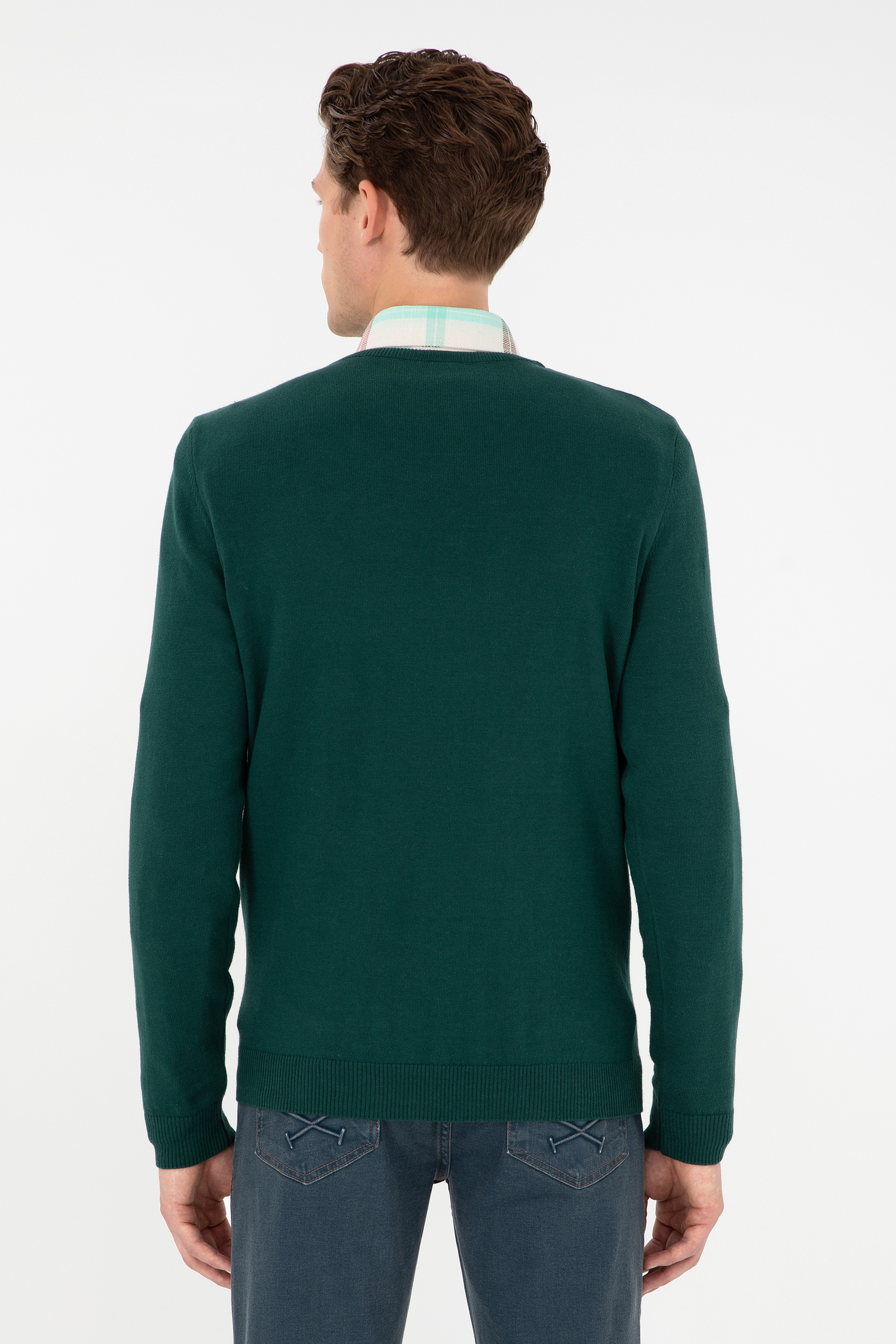 Erkek Slim Fit V Yaka Yeşil Basic Kazak - Image 5