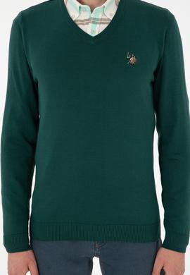 Erkek Slim Fit V Yaka Yeşil Basic Kazak - 50288885114