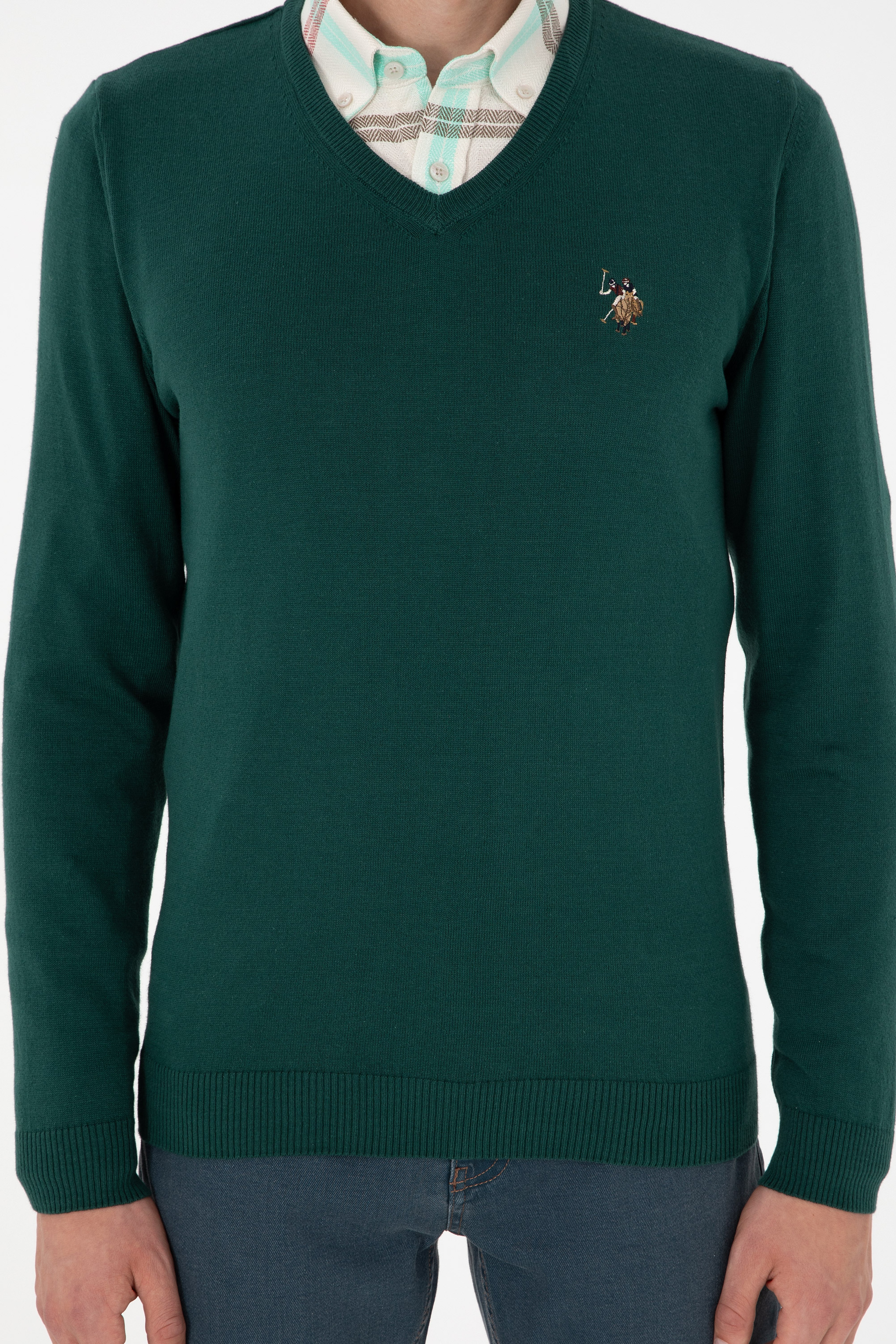Erkek Slim Fit V Yaka Yeşil Basic Kazak - Image 6