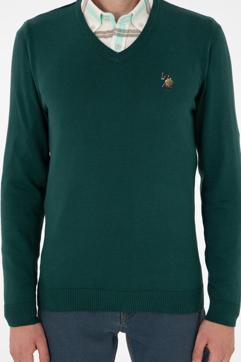 Erkek Slim Fit V Yaka Yeşil Basic Kazak - 50288885114