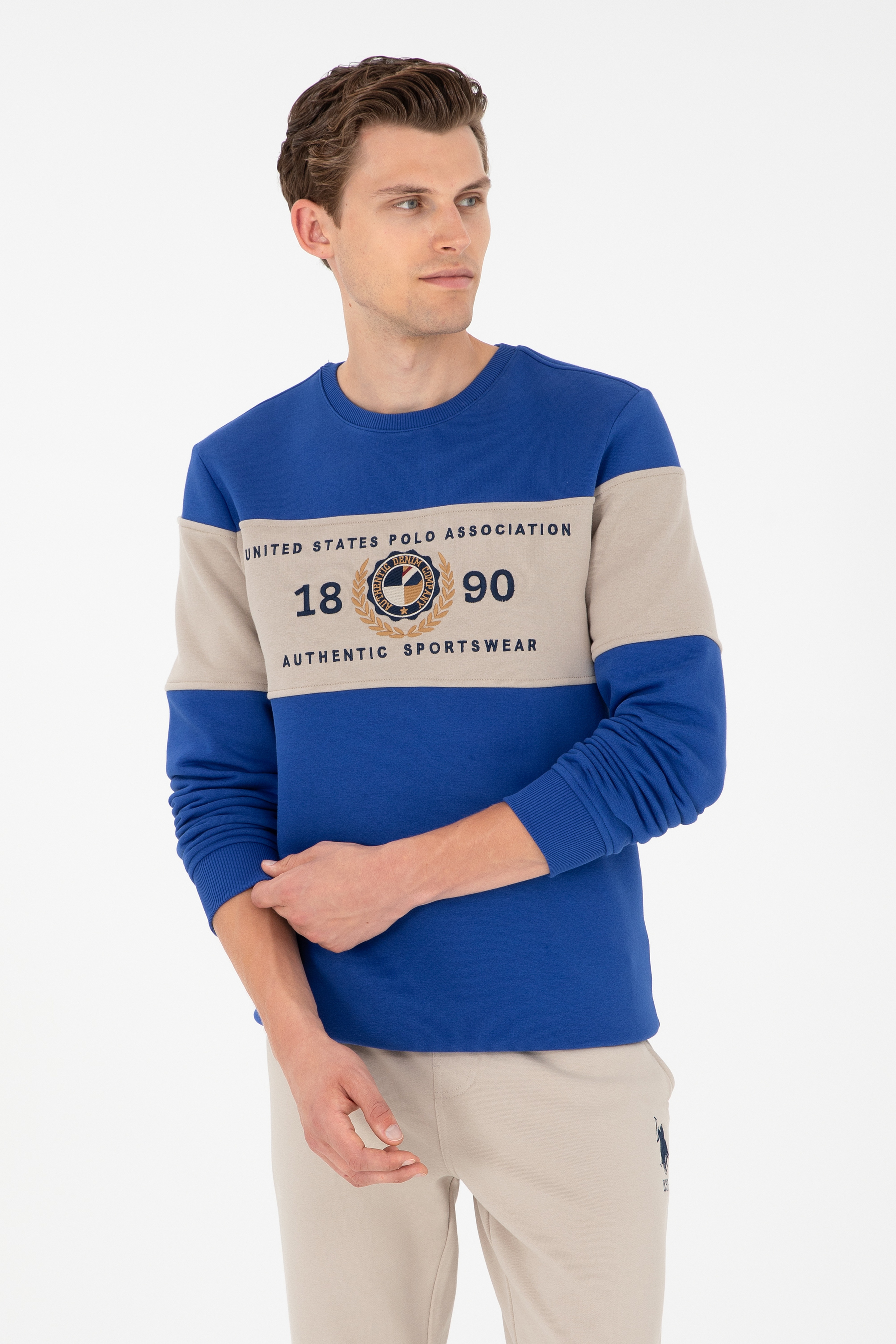 Erkek Regular Fit Bisiklet Yaka Saks Sweatshirt - Image 1