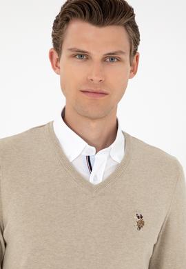 Erkek Slim Fit V Yaka Haki Melanj Basic Kazak - 50288885024