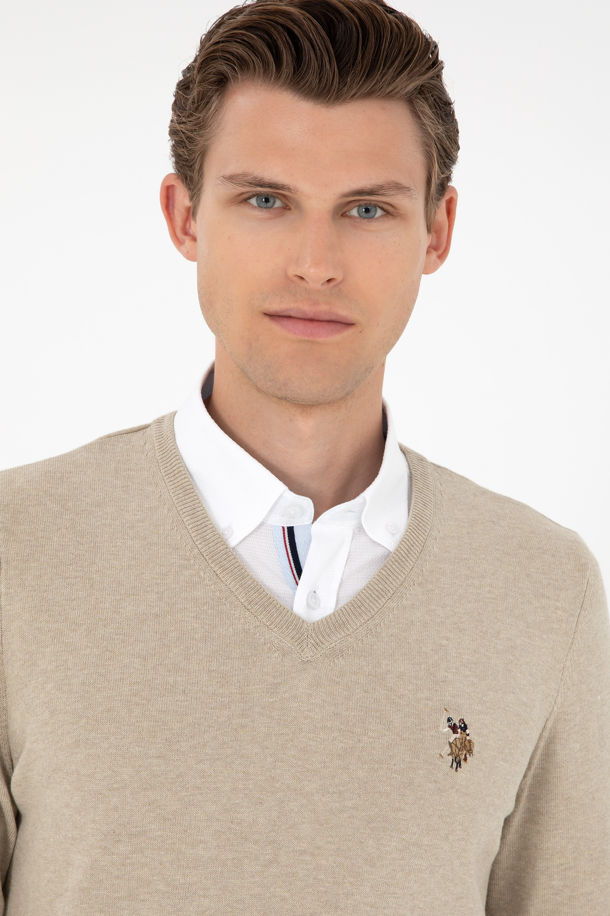 Erkek Slim Fit V Yaka Haki Melanj Basic Kazak