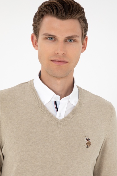 Erkek Slim Fit V Yaka Haki Melanj Basic Kazak
