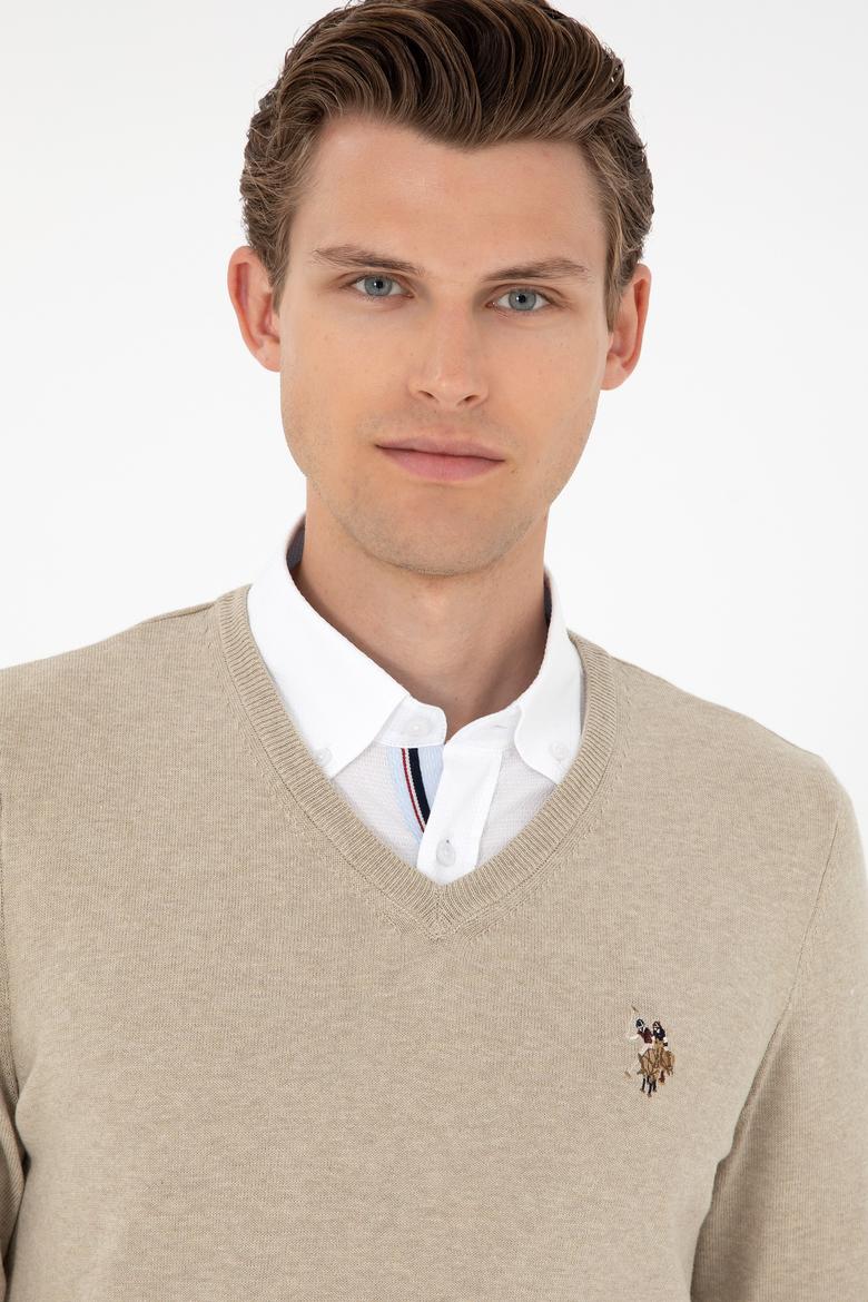 Erkek Slim Fit V Yaka Haki Melanj Basic Kazak - 50288885024