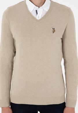 Erkek Slim Fit V Yaka Haki Melanj Basic Kazak - 50288885024