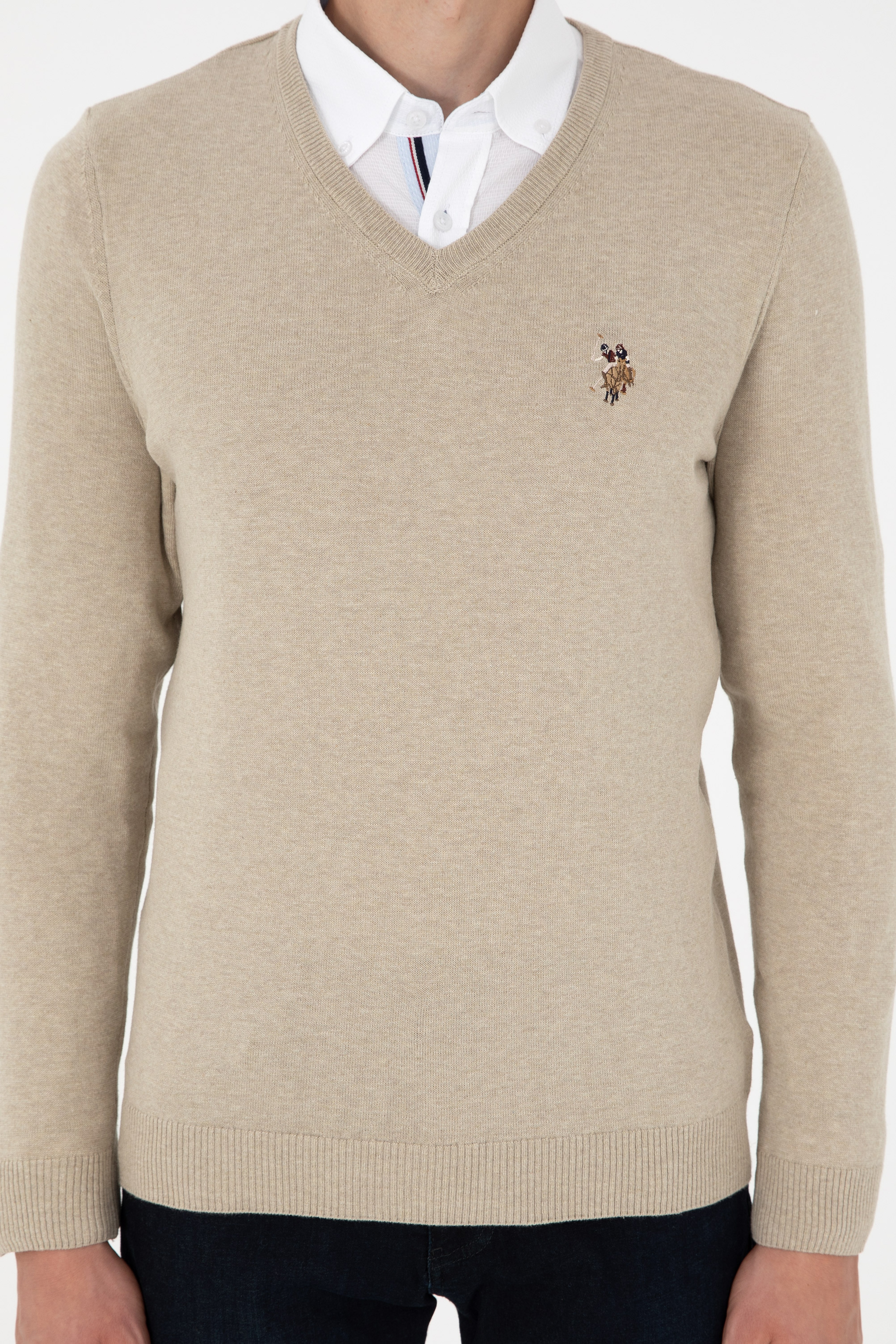 Erkek Slim Fit V Yaka Haki Melanj Basic Kazak - Image 6
