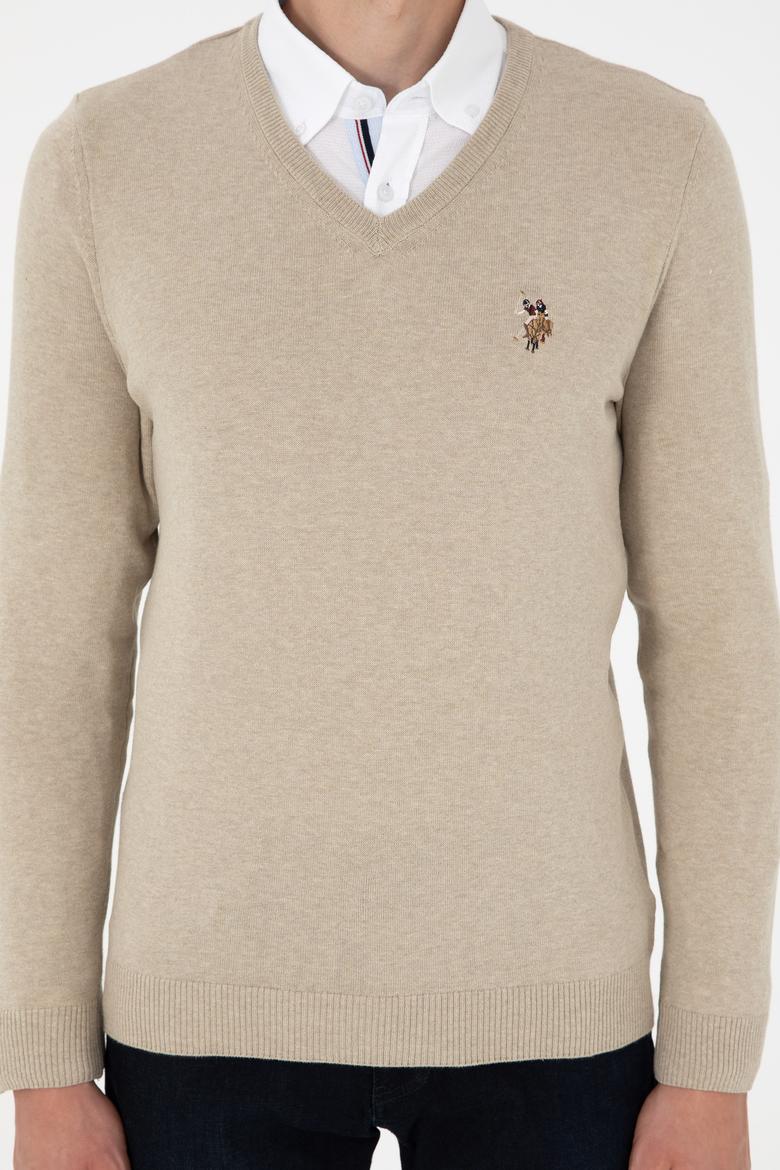 Erkek Slim Fit V Yaka Haki Melanj Basic Kazak - 50288885024