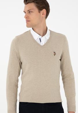 Erkek Slim Fit V Yaka Haki Melanj Basic Kazak - 50288885024