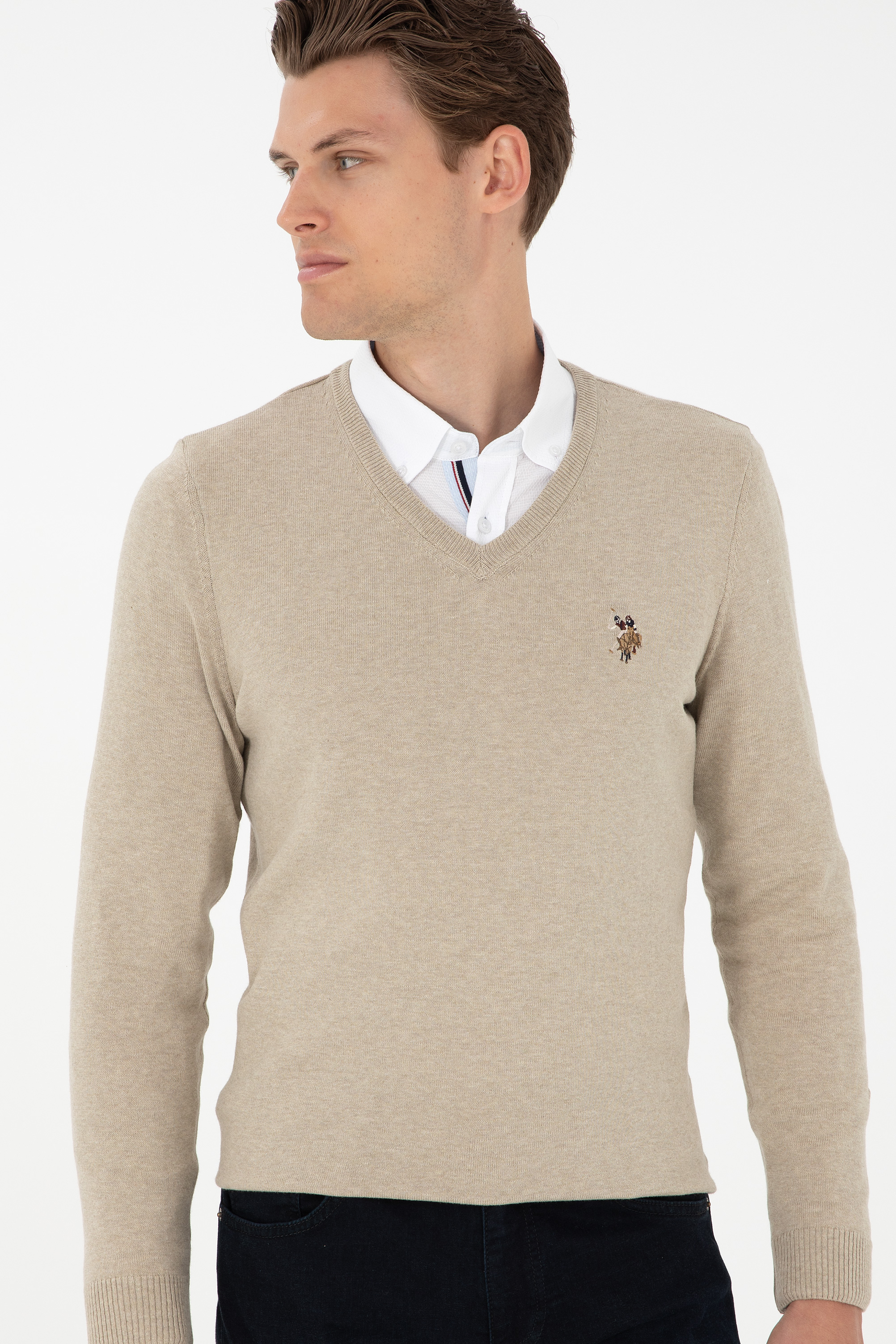 Erkek Slim Fit V Yaka Haki Melanj Basic Kazak