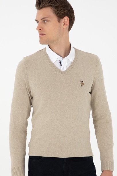 Erkek Slim Fit V Yaka Haki Melanj Basic Kazak
