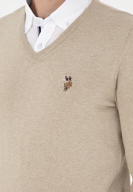 Erkek Slim Fit V Yaka Haki Melanj Basic Kazak - 50288885024