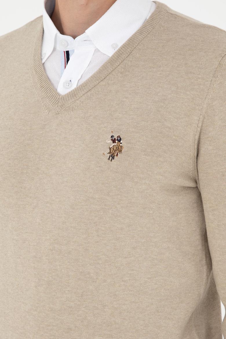 Erkek Slim Fit V Yaka Haki Melanj Basic Kazak - 50288885024