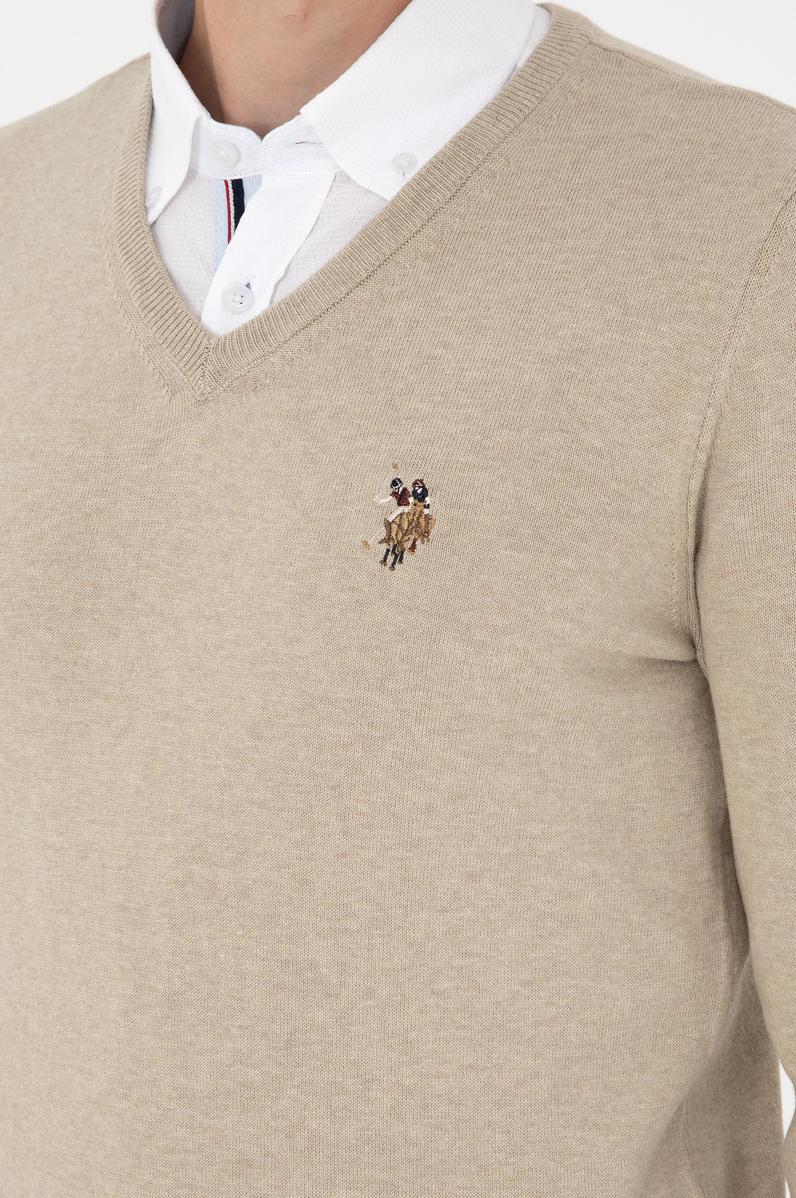 Erkek Slim Fit V Yaka Haki Melanj Basic Kazak