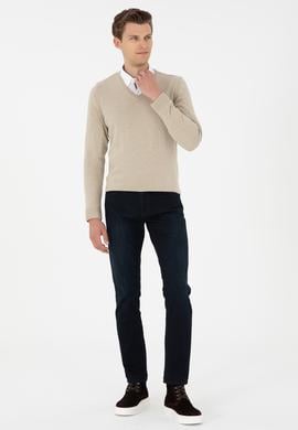 Erkek Slim Fit V Yaka Haki Melanj Basic Kazak - 50288885024