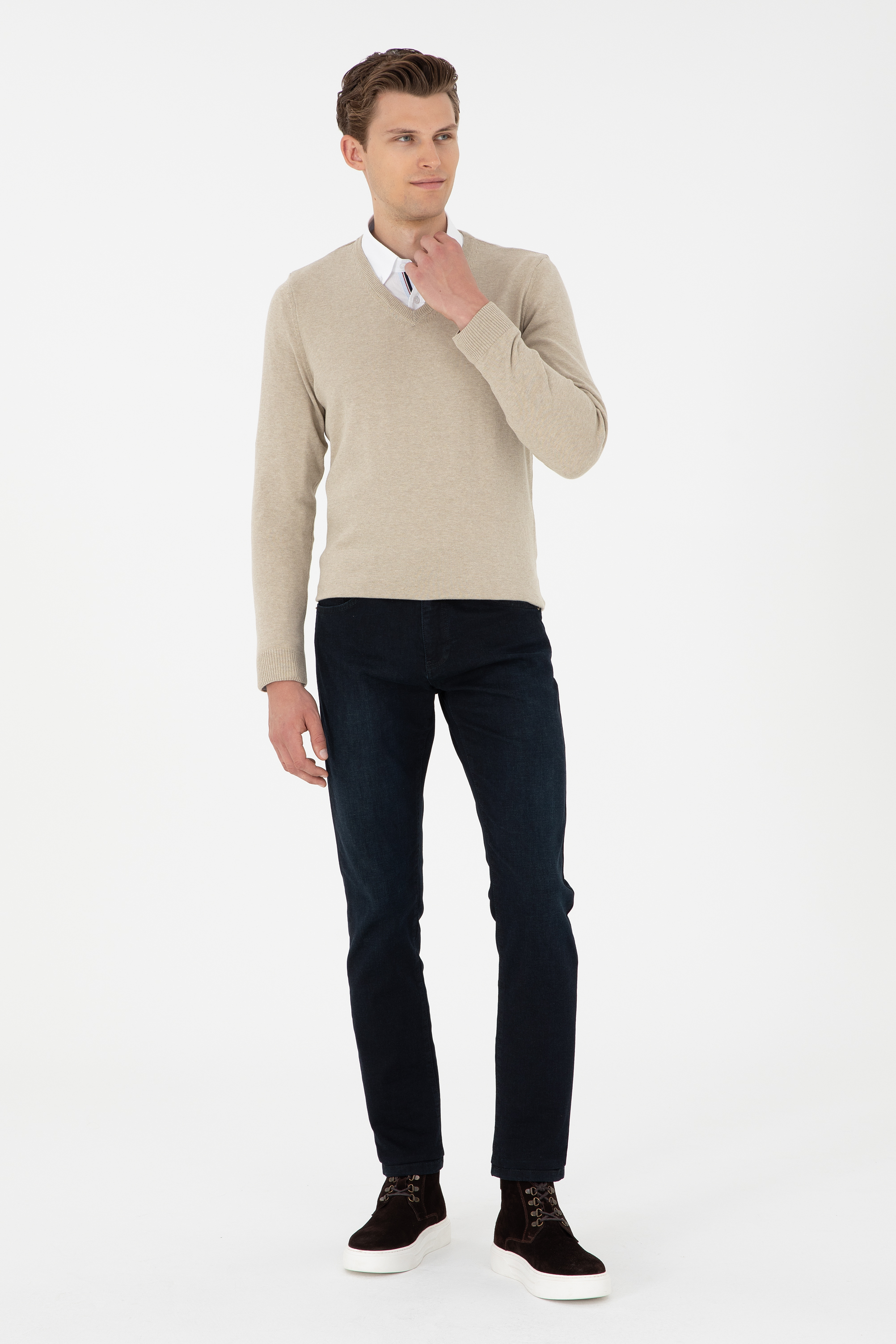 Erkek Slim Fit V Yaka Haki Melanj Basic Kazak
