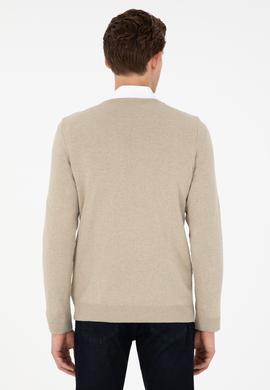 Erkek Slim Fit V Yaka Haki Melanj Basic Kazak - 50288885024