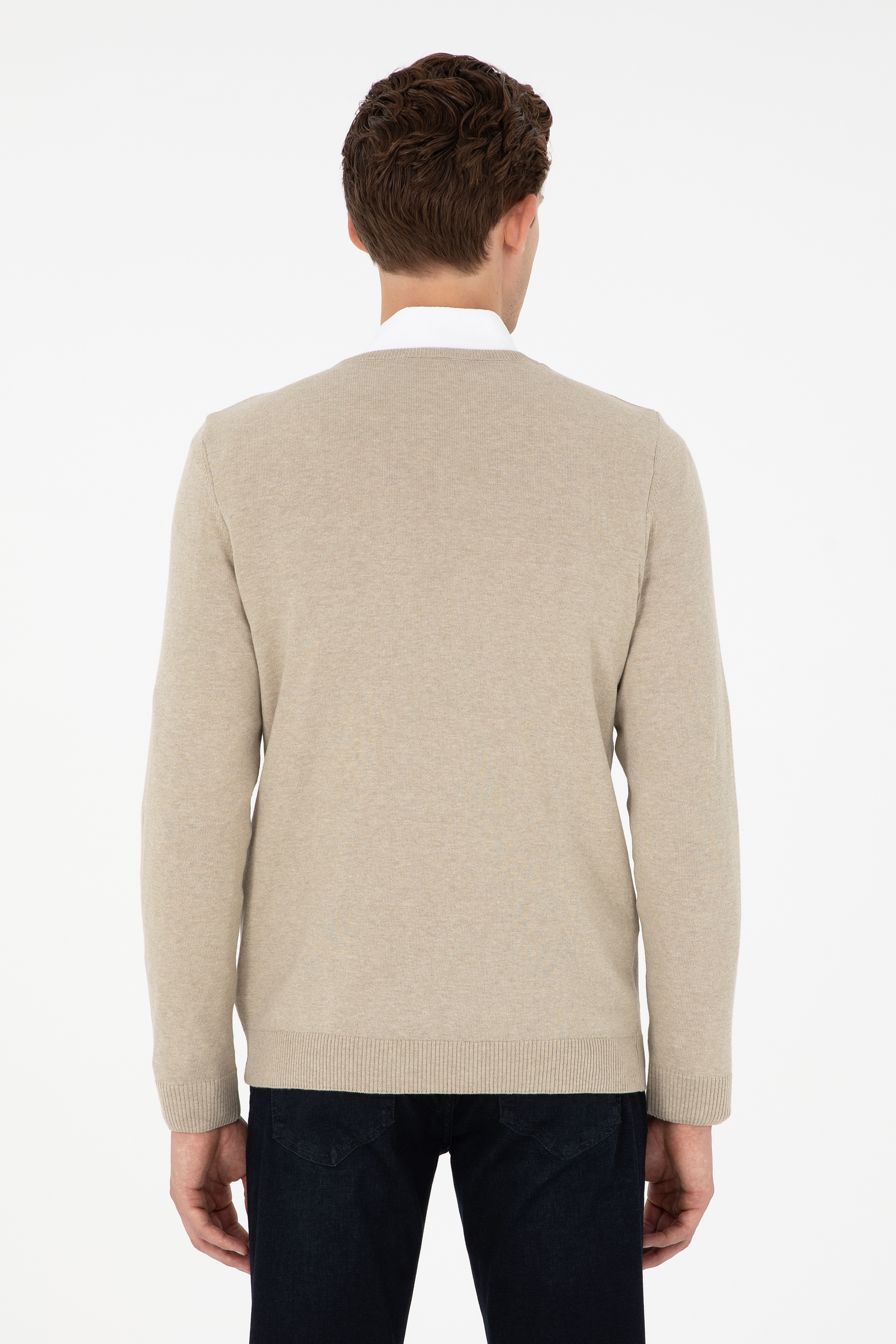 Erkek Slim Fit V Yaka Haki Melanj Basic Kazak - Image 5