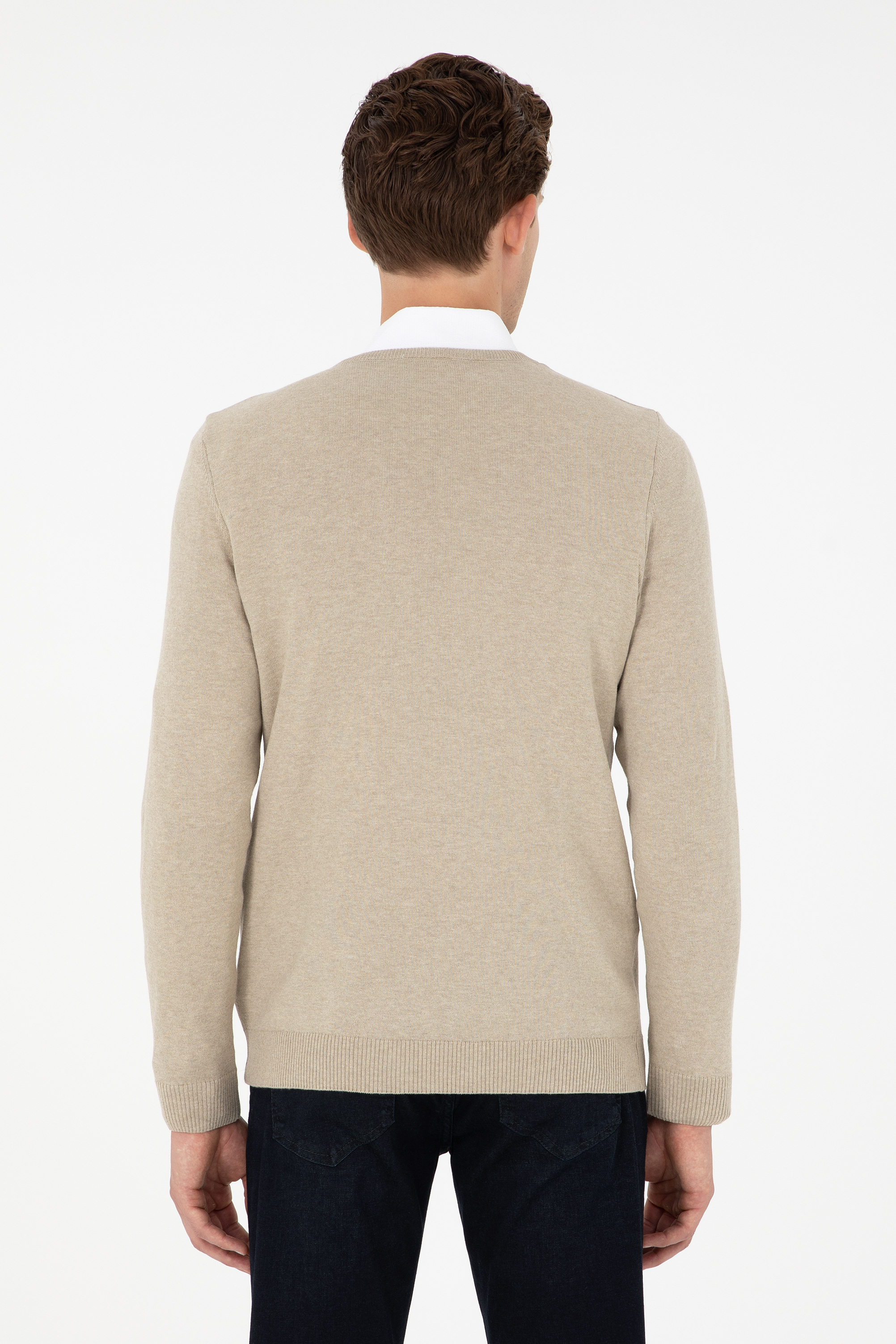 Erkek Slim Fit V Yaka Haki Melanj Basic Kazak